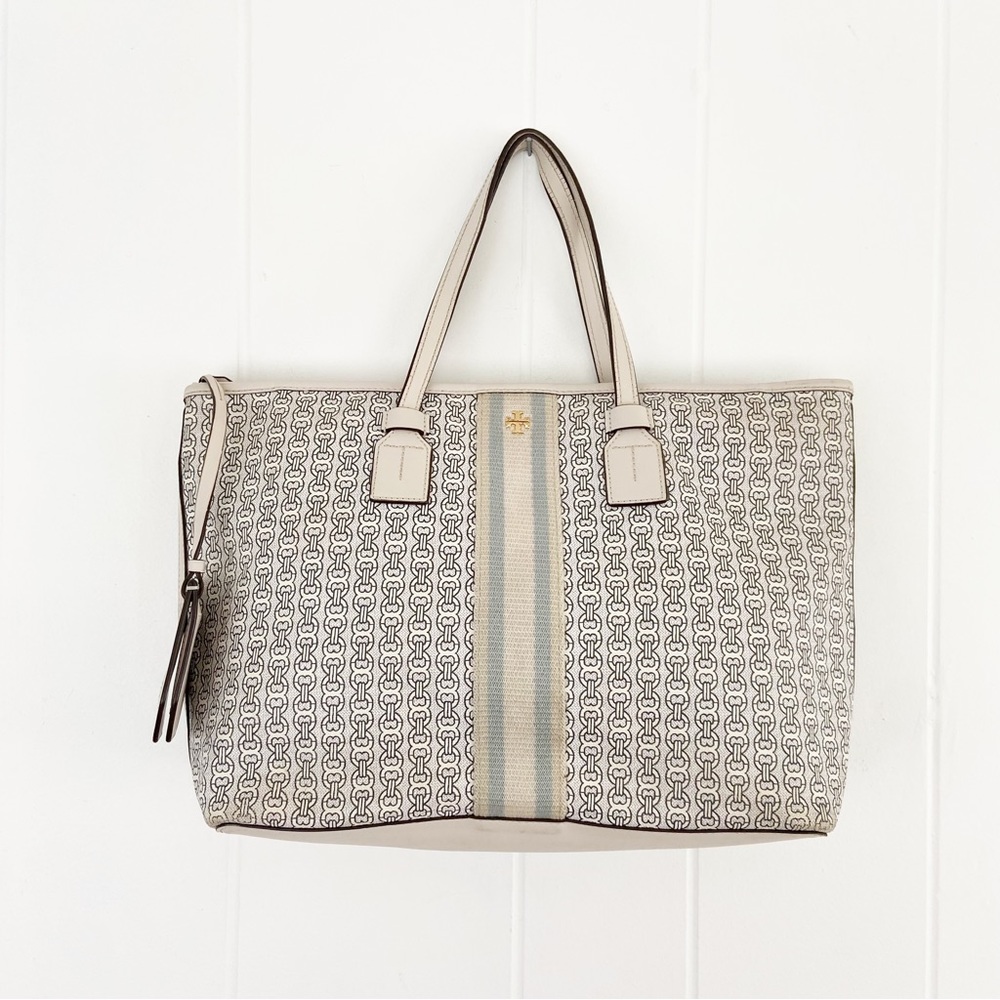 Tory Burch Gemini Link Tote Coated Canvas Double Strap Tote Designer Cream Blue